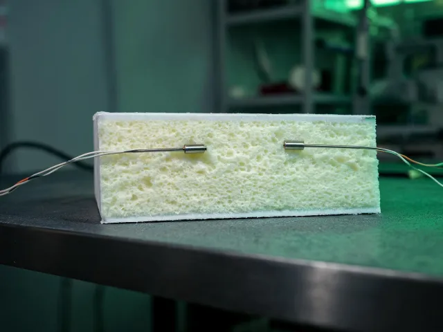 Cross section of QuadCore insulated panel foam cell structure in lab