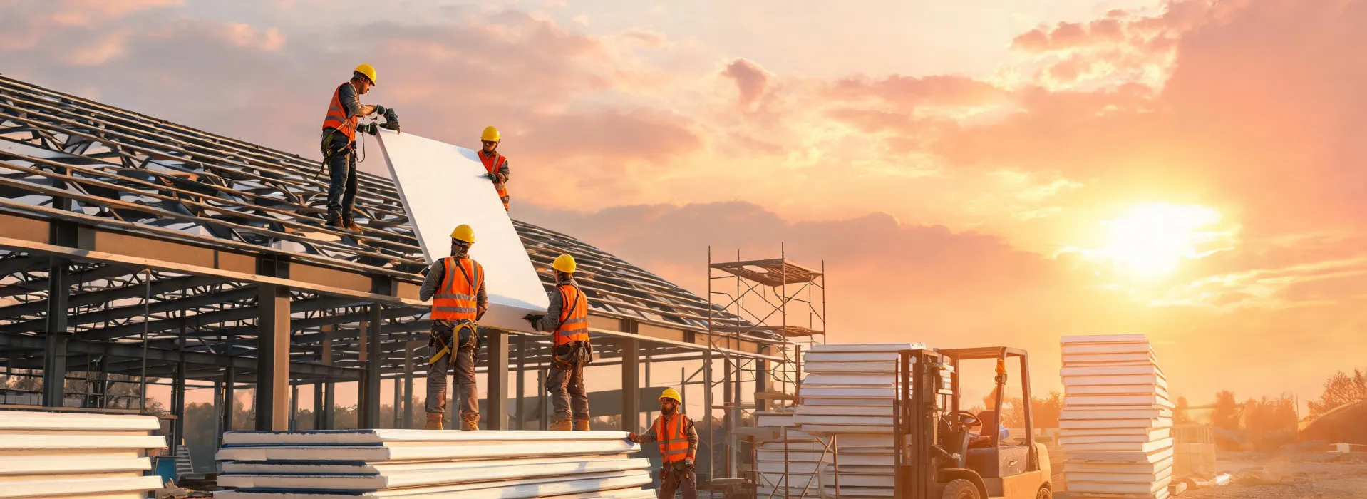 Construction crew installing insulated roof panels